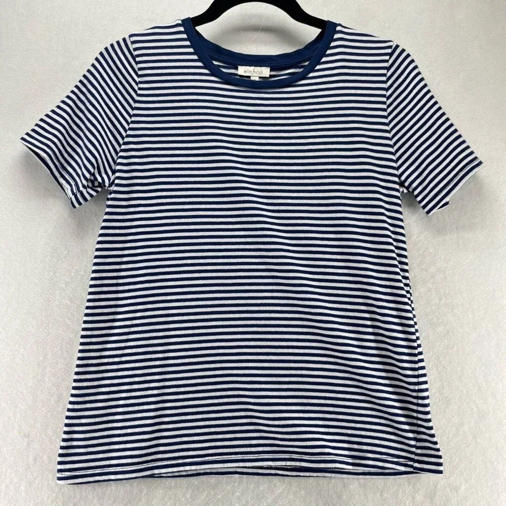 Ella Moss Top Women Size S Striped Crewneck Short Sleeve Jersey Cotton Blue